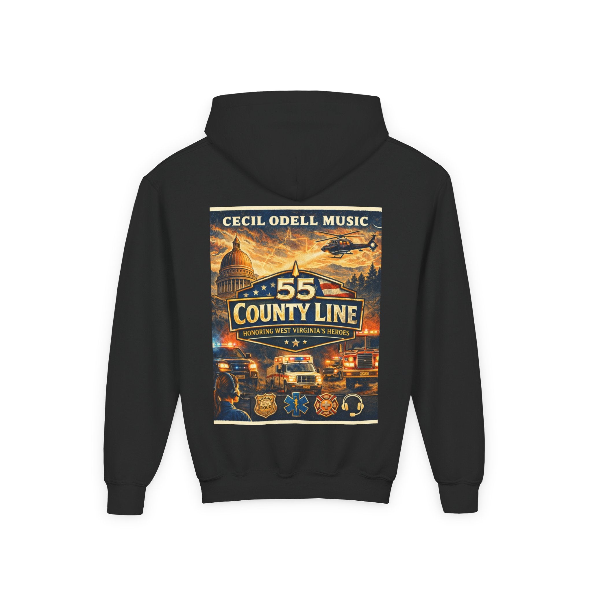 Youth Hoodie - '55 County Line' West Virginia Line Music Graphic Pullover