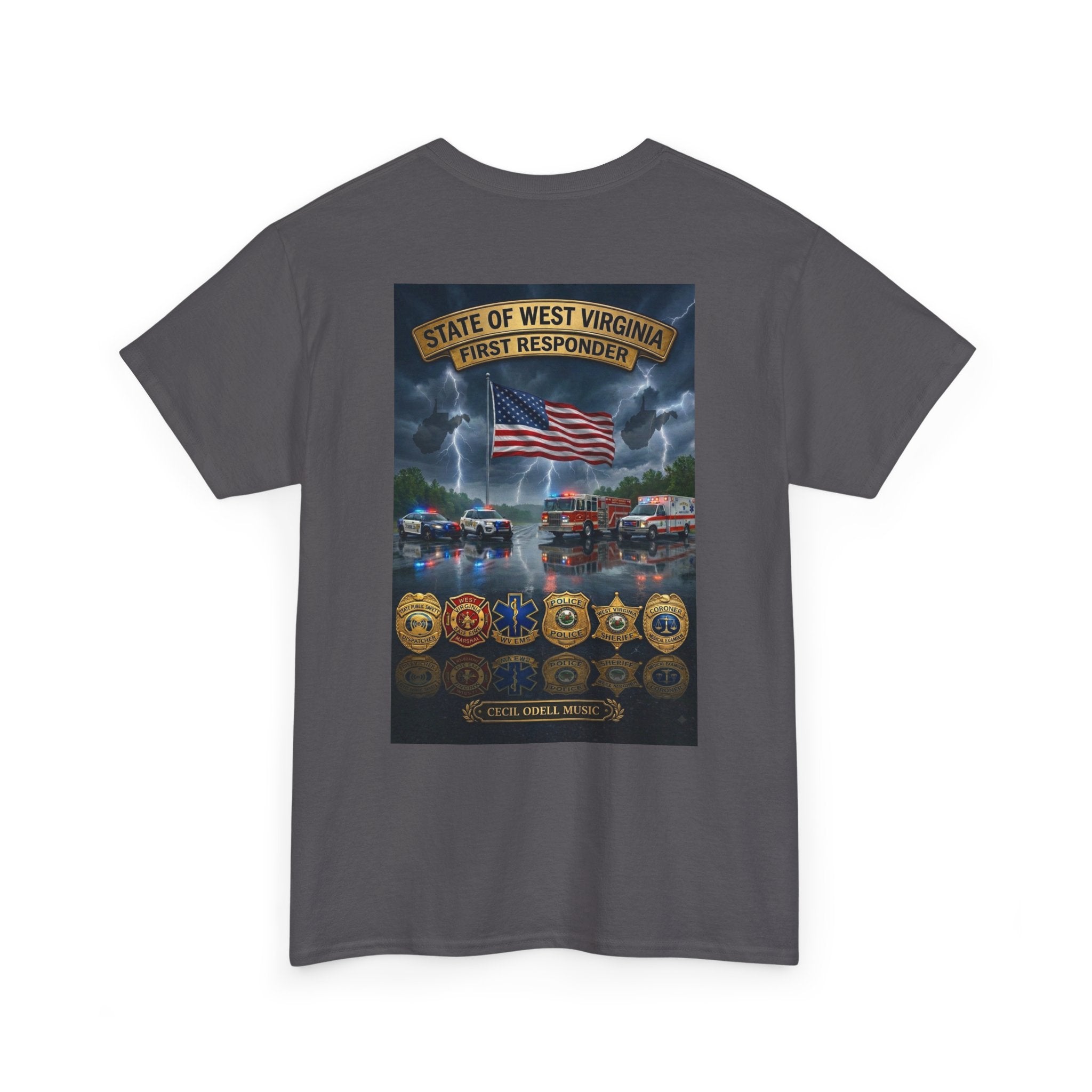 West Virginia First Responders Tribute Tee: State Emblem & American Flag Memorial Shirt