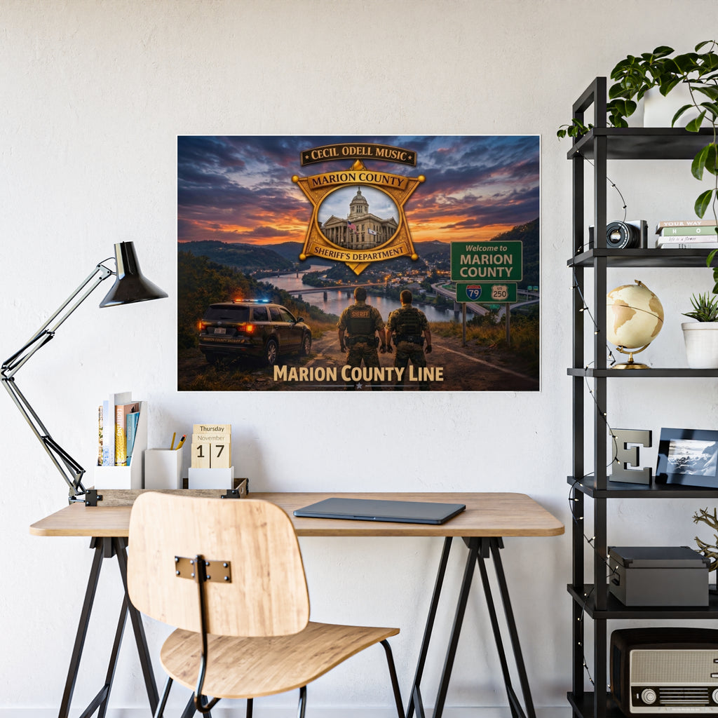 Marion County Line Police Badge Gloss Poster: Sheriff Dept. Scenic Sunset Print