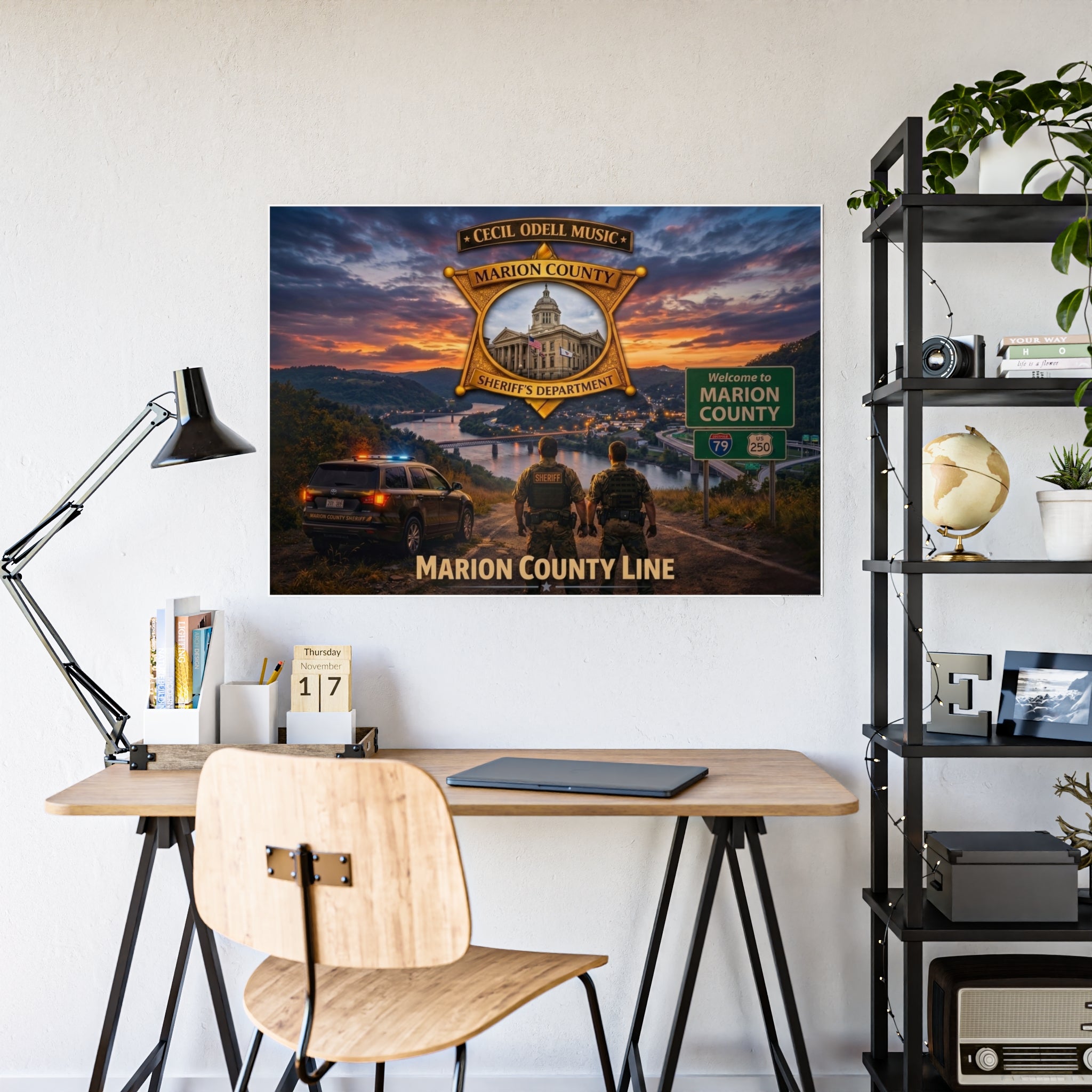 Marion County Line Police Badge Gloss Poster: Sheriff Dept. Scenic Sunset Print