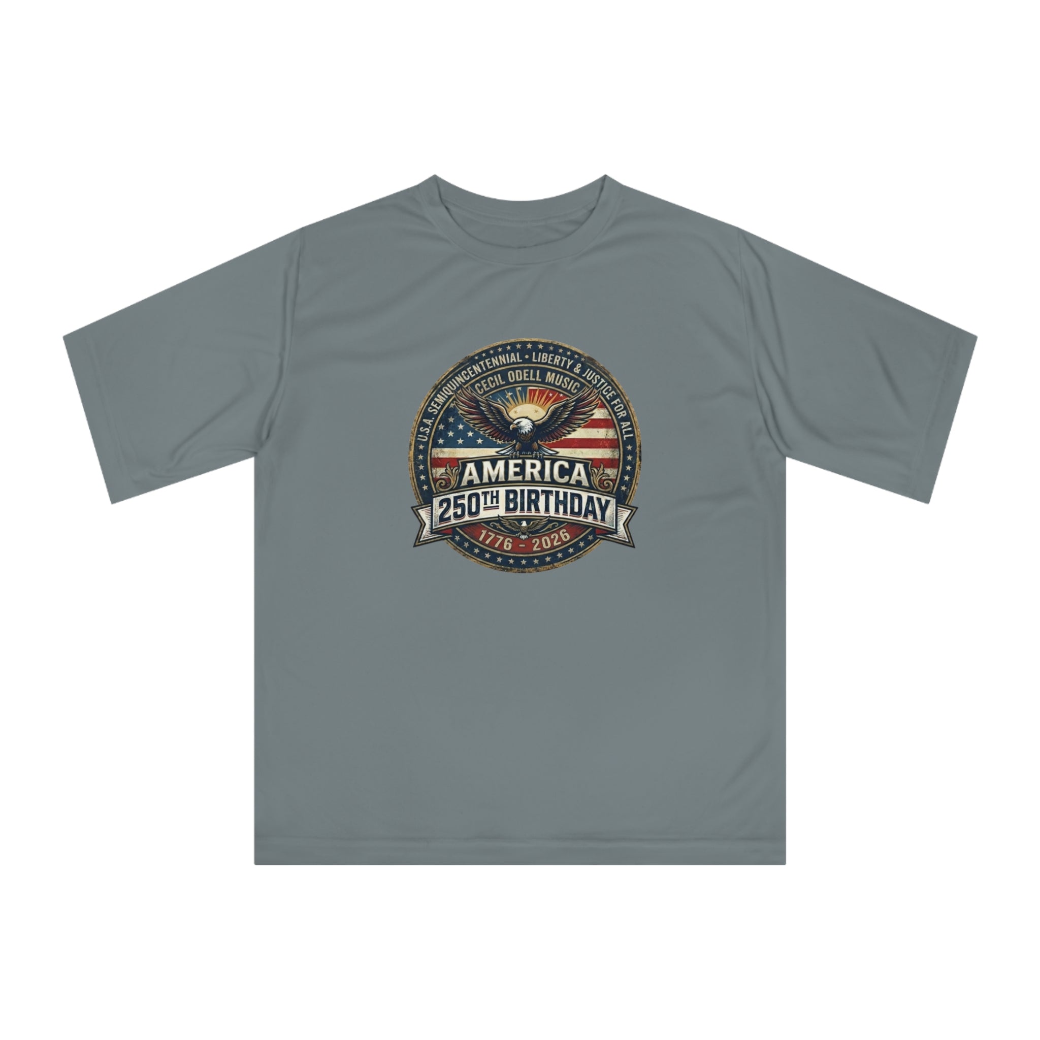 America 250th Birthday Performance T-Shirt — Patriotic Eagle & Badge Tribute