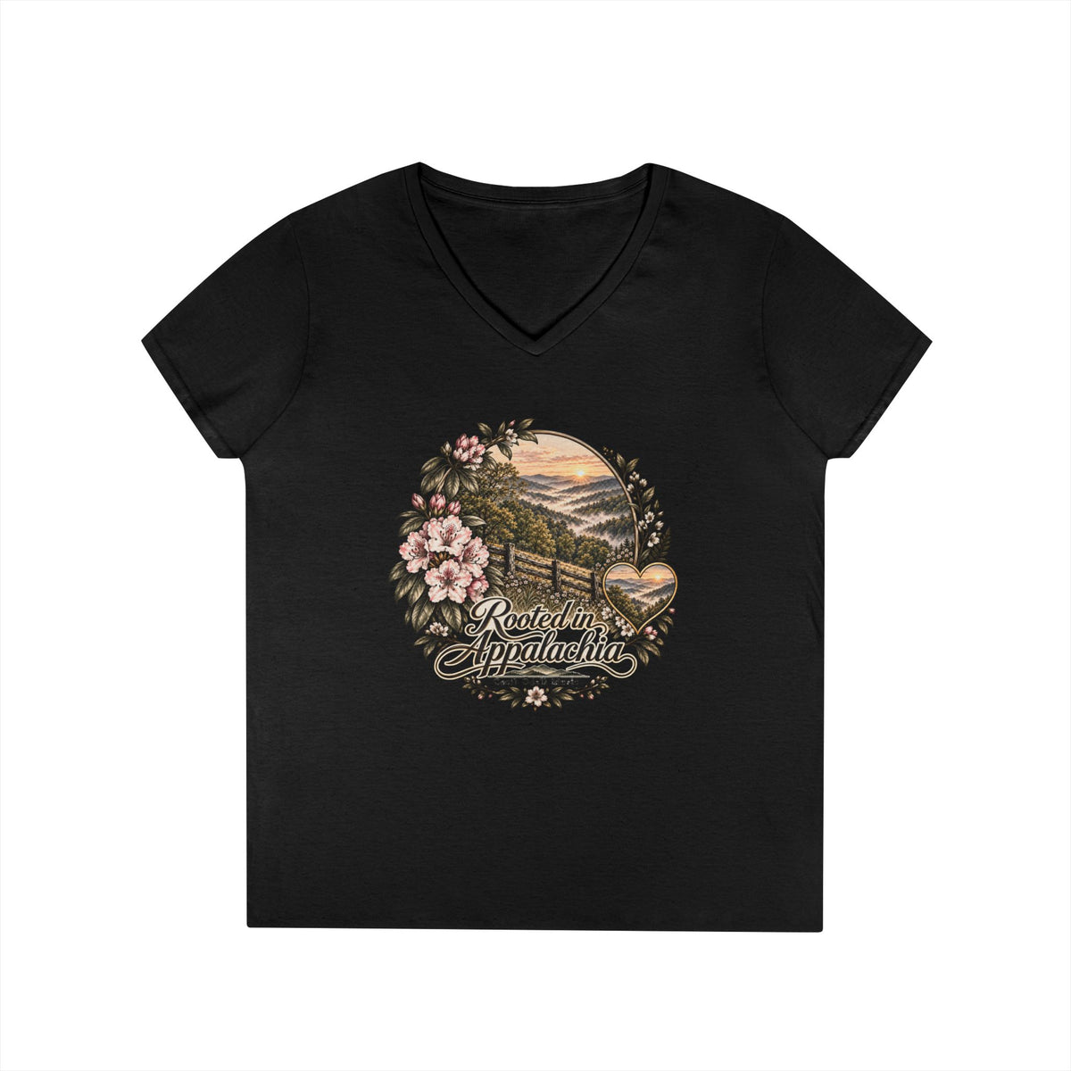 Rooted in Appalachia Ladies' V-Neck T-Shirt – Rustic Mountain Floral Tee