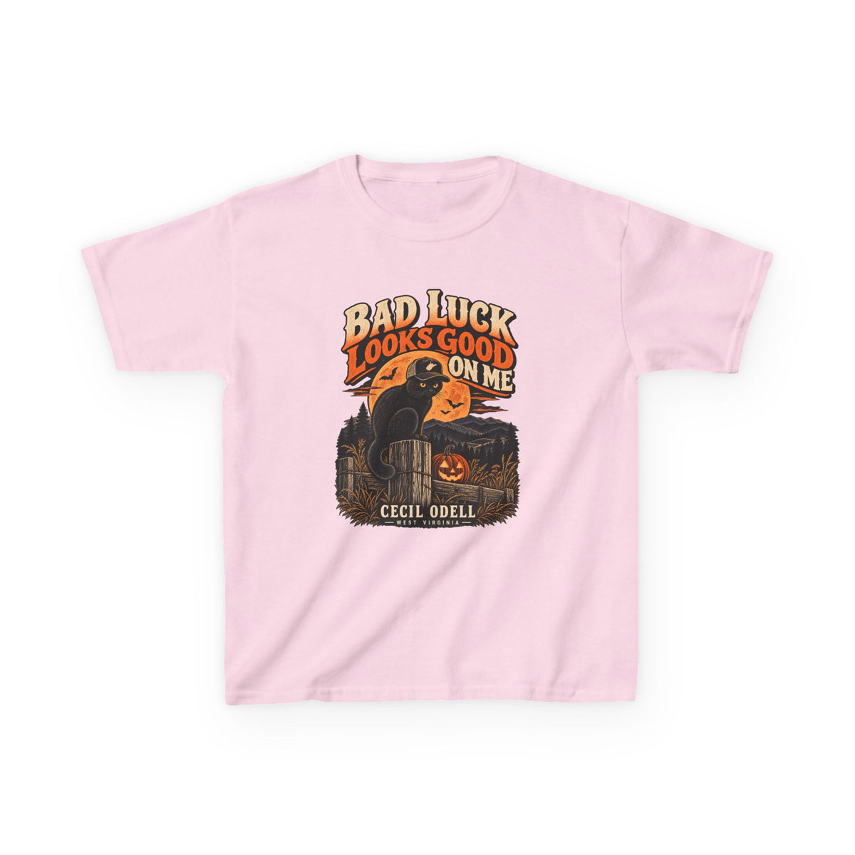 Bad Luck Looks Good on Me Kids Halloween Tee | Cecil Odell