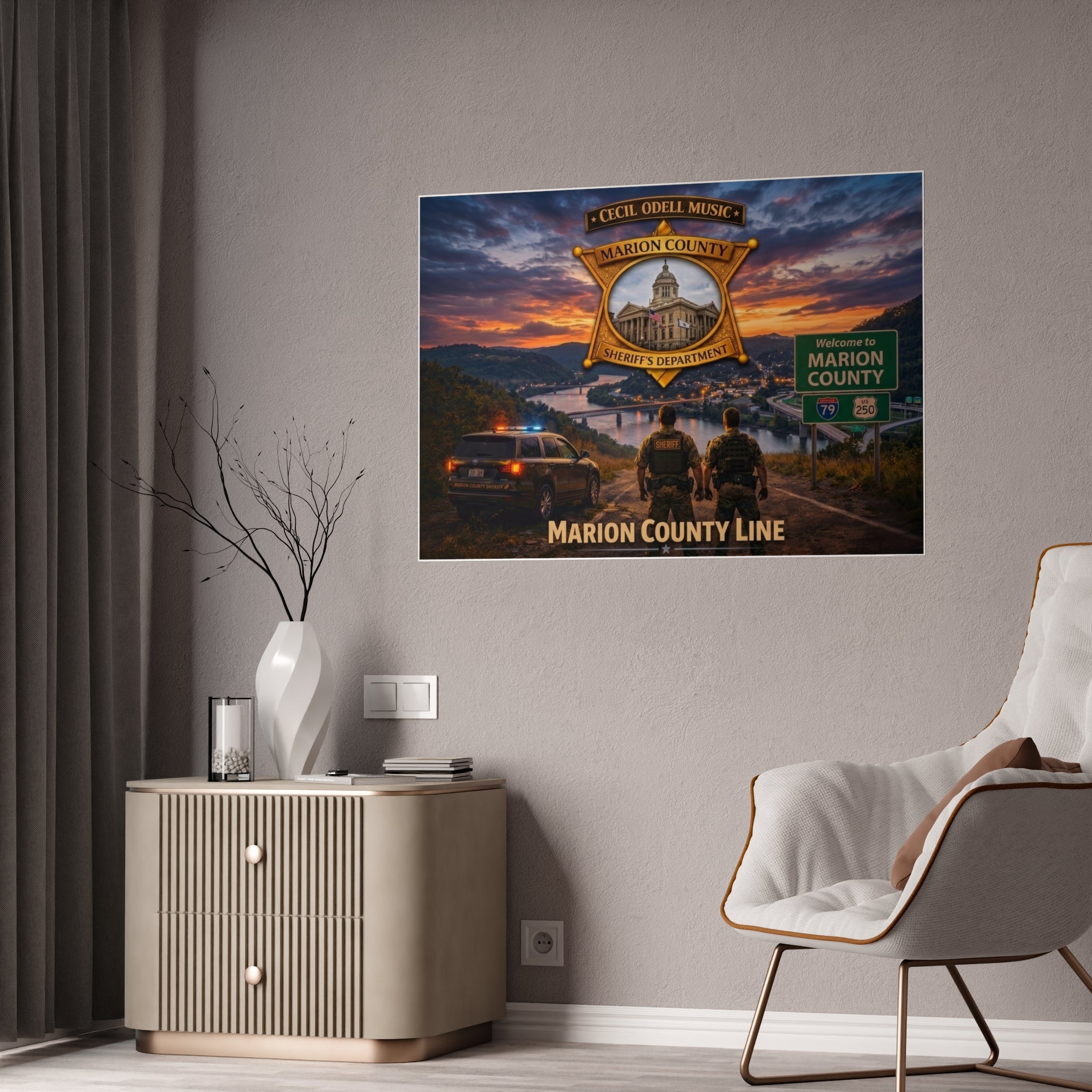 Marion County Line Police Badge Gloss Poster: Sheriff Dept. Scenic Sunset Print