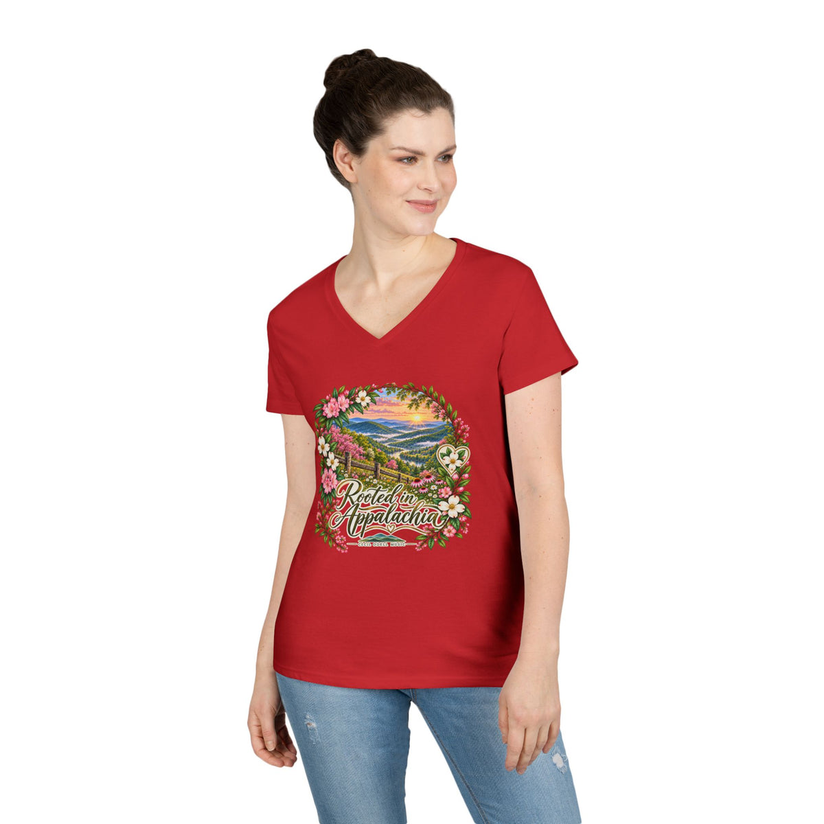 Rooted in Appalachia V-Neck T-Shirt — Scenic Mountain Floral Graphic