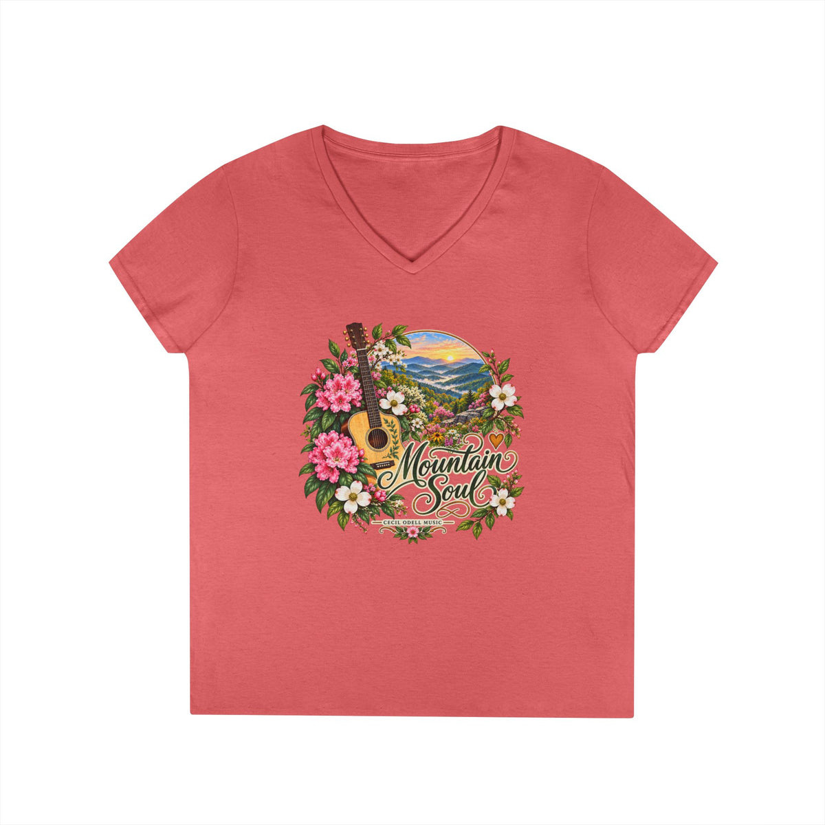 Mountain Soul V-Neck Tee — Floral Guitar Scenic Women's T-Shirt