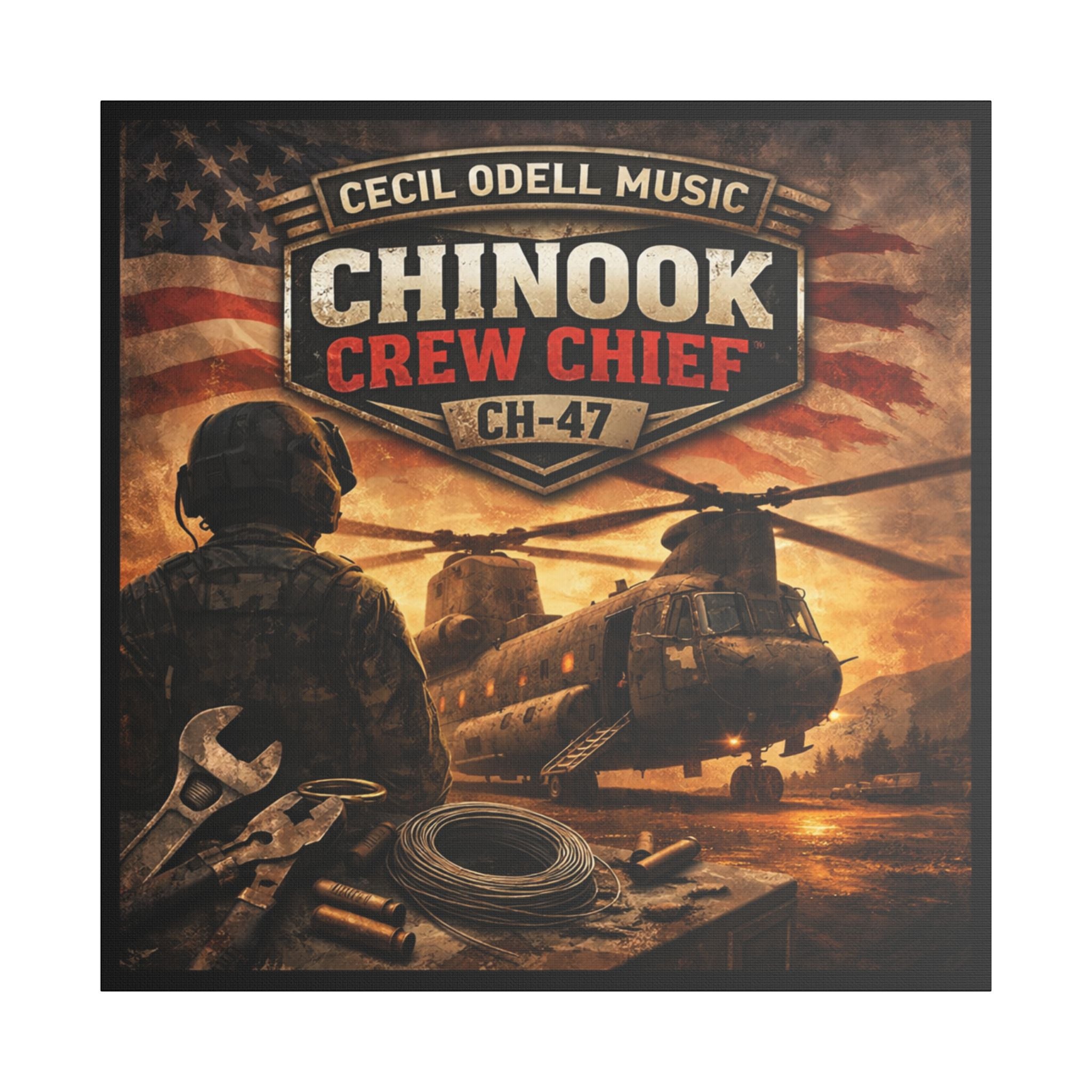 Chinook Crew Chief CH-47 Satin Stretched Canvas Wall Art