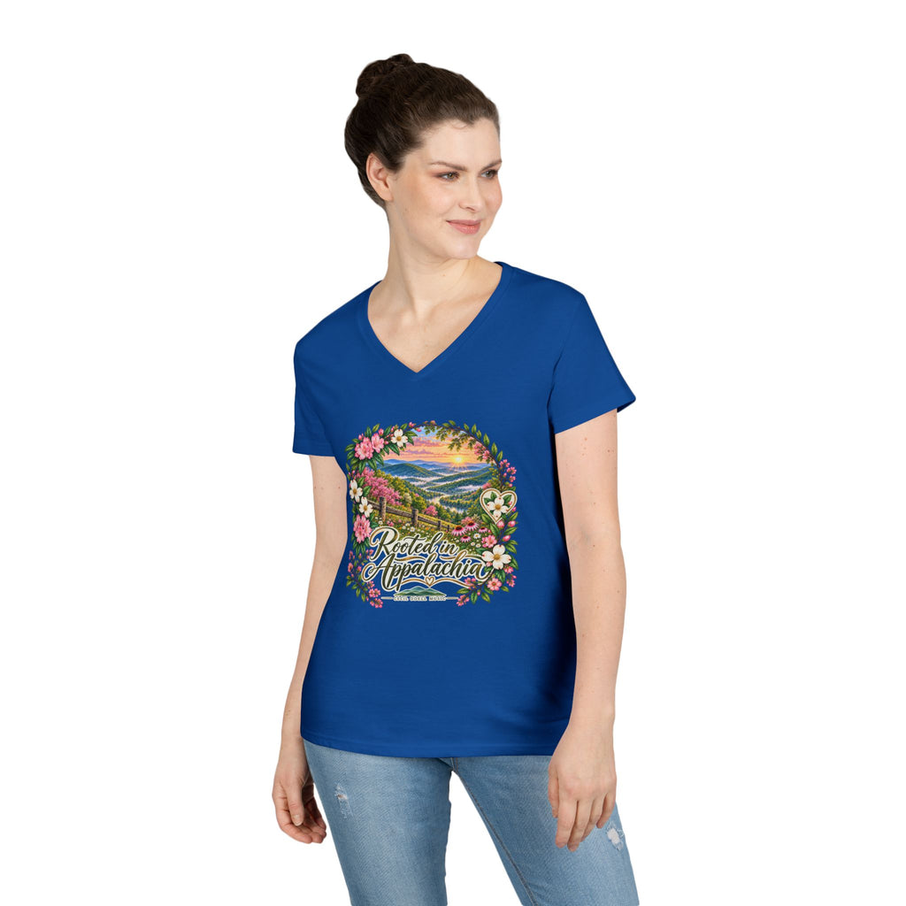 Rooted in Appalachia V-Neck T-Shirt — Scenic Mountain Floral Graphic