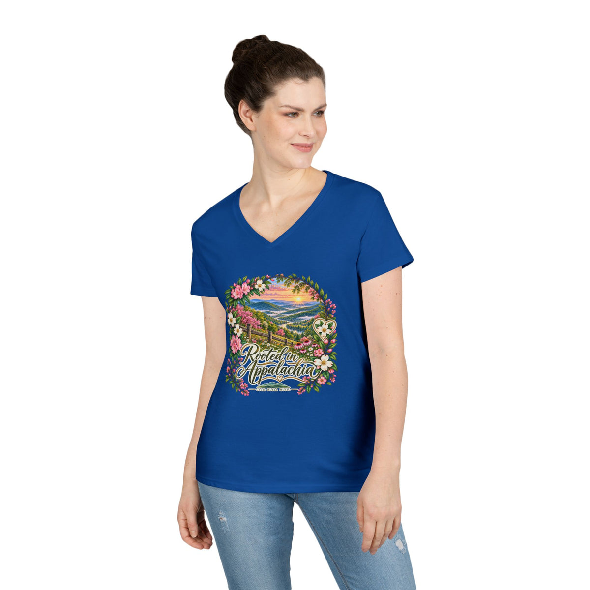 Rooted in Appalachia V-Neck T-Shirt — Scenic Mountain Floral Graphic