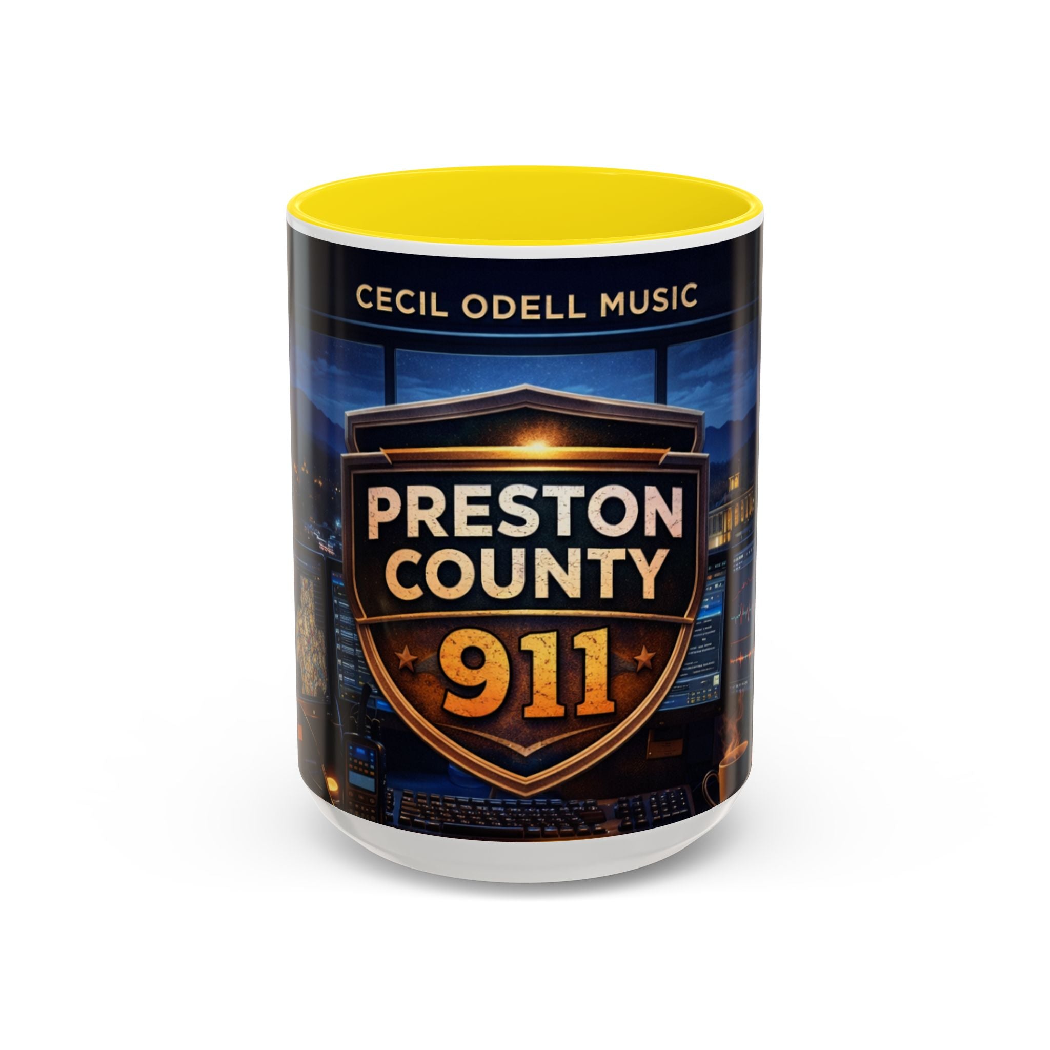 Preston County 911 Coffee Mug: Emergency Dispatch Badge Accent Mug