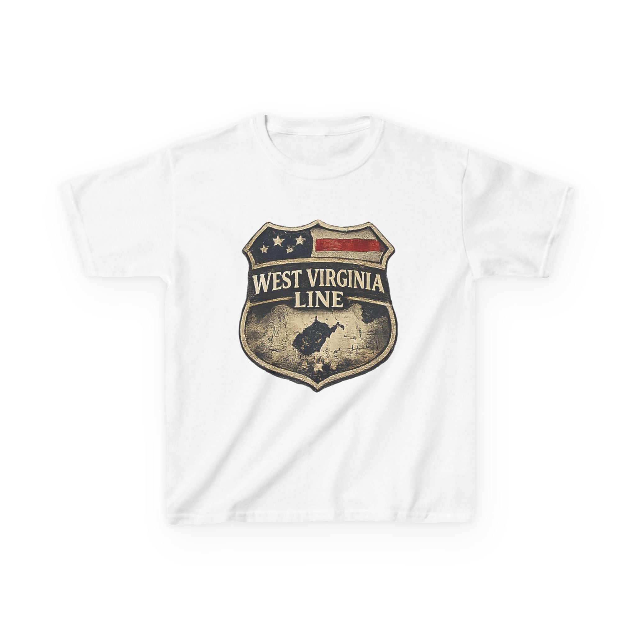 Kids T‑Shirt: Vintage West Virginia Line Badge with Eagle & American Flag