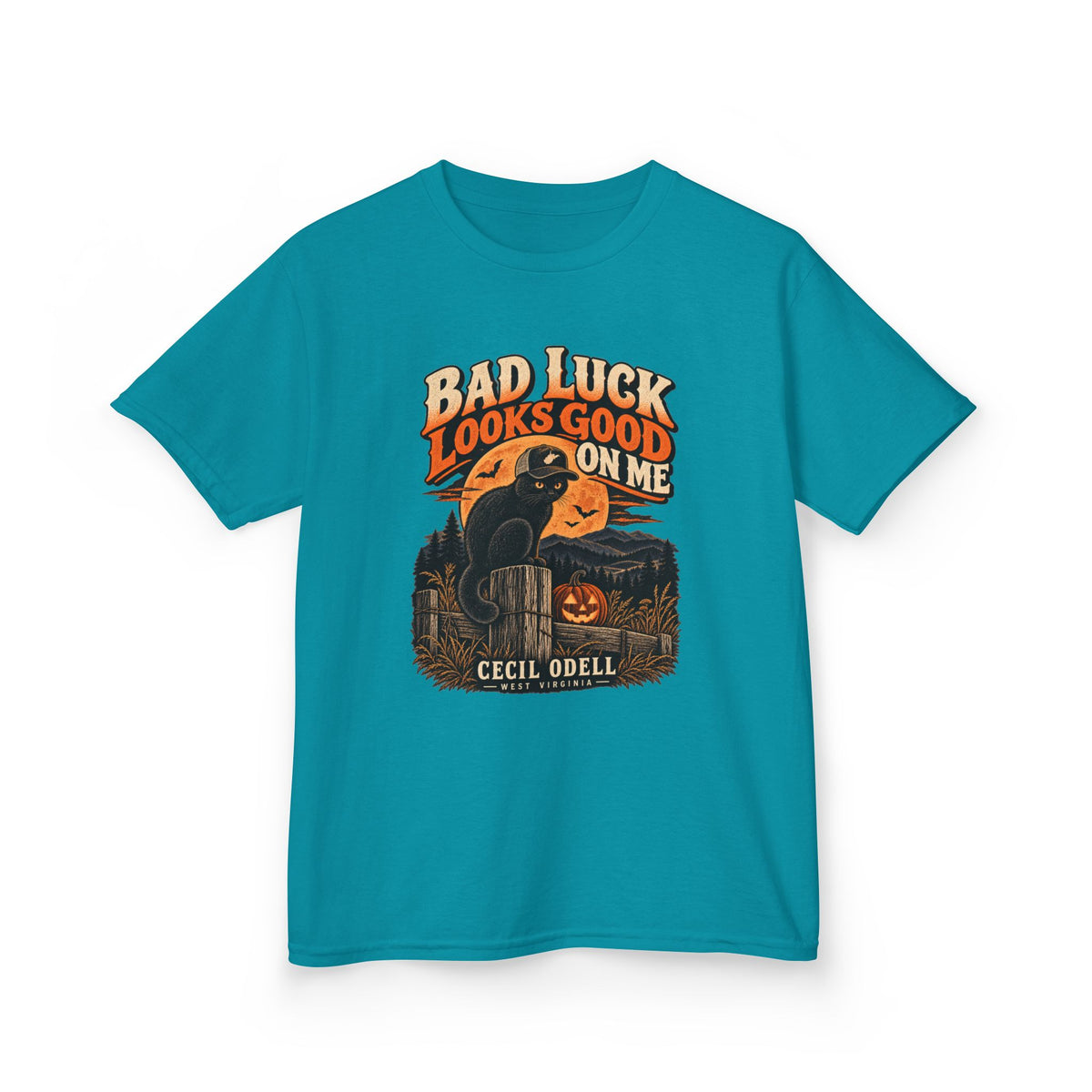 Bad Luck Looks Good on Me Kids Halloween Tee | Cecil Odell