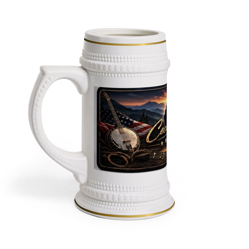 Cecil Odell Music Ceramic Beer Stein: Americana Banjo & Flag Musician Mug