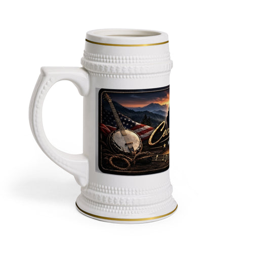 Cecil Odell Music Americana Banjo and Flag Ceramic Stein Mug
