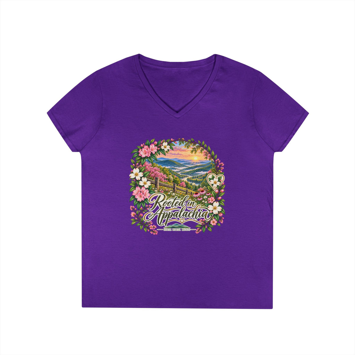Rooted in Appalachia V-Neck T-Shirt — Scenic Mountain Floral Graphic