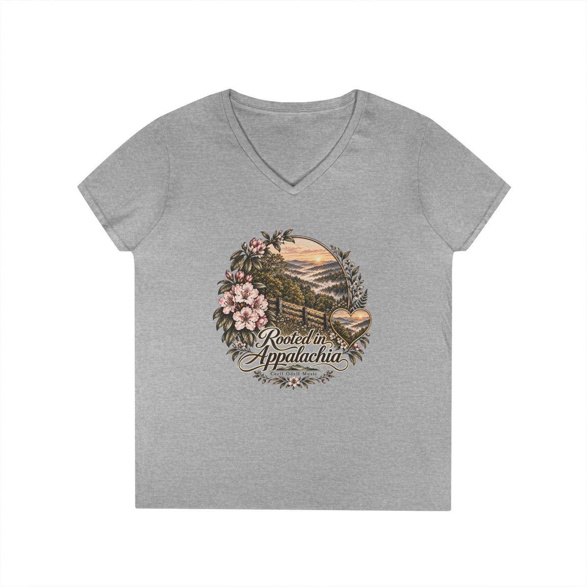 Rooted in Appalachia Ladies' V-Neck T-Shirt – Rustic Mountain Floral Tee