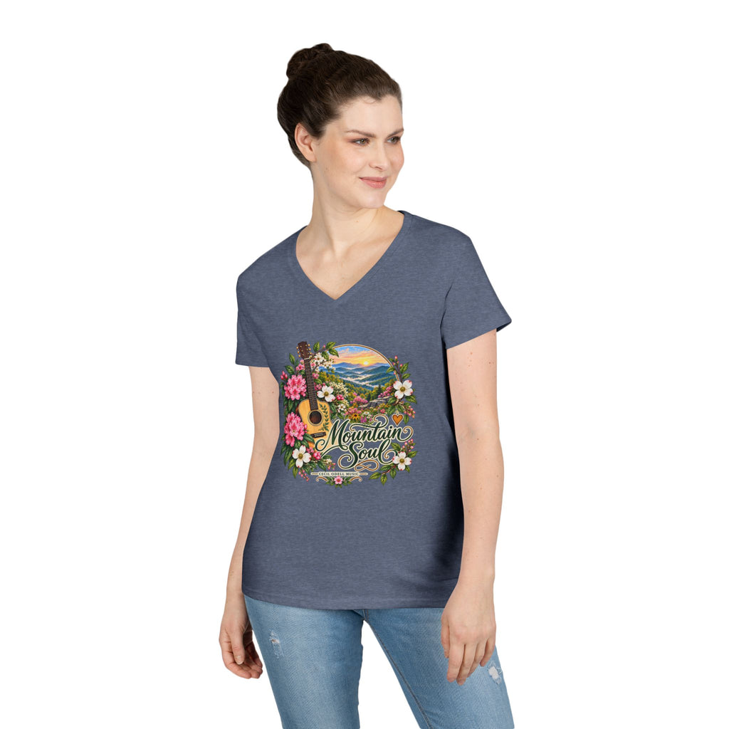 Mountain Soul V-Neck Tee — Floral Guitar Scenic Women's T-Shirt