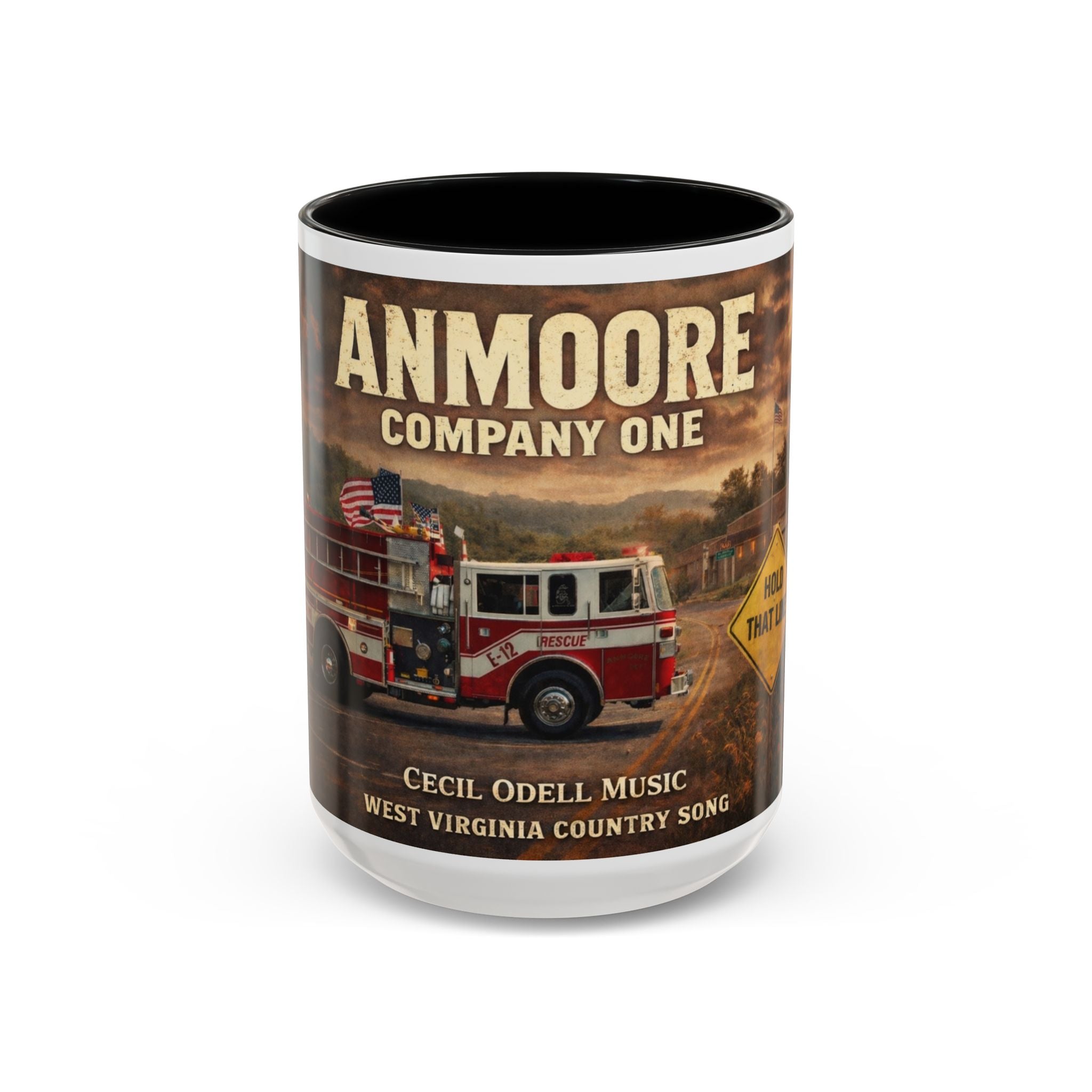 Anmoore Company One Firetruck Accent Coffee Mug – 'Hold That Line' West Virginia Country Music Tribute
