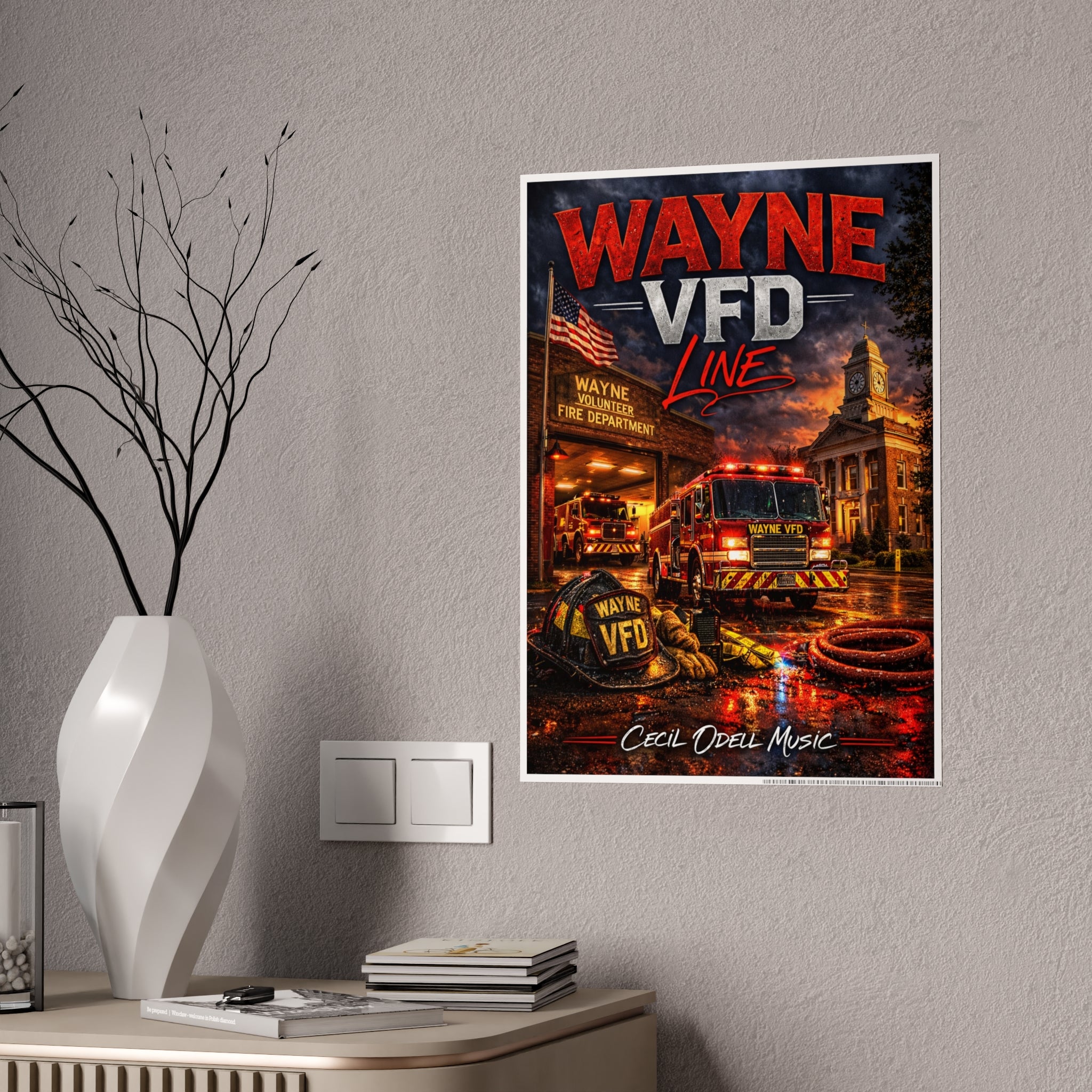Wayne VFD Line Gloss Poster: Firefighter Station Art Print