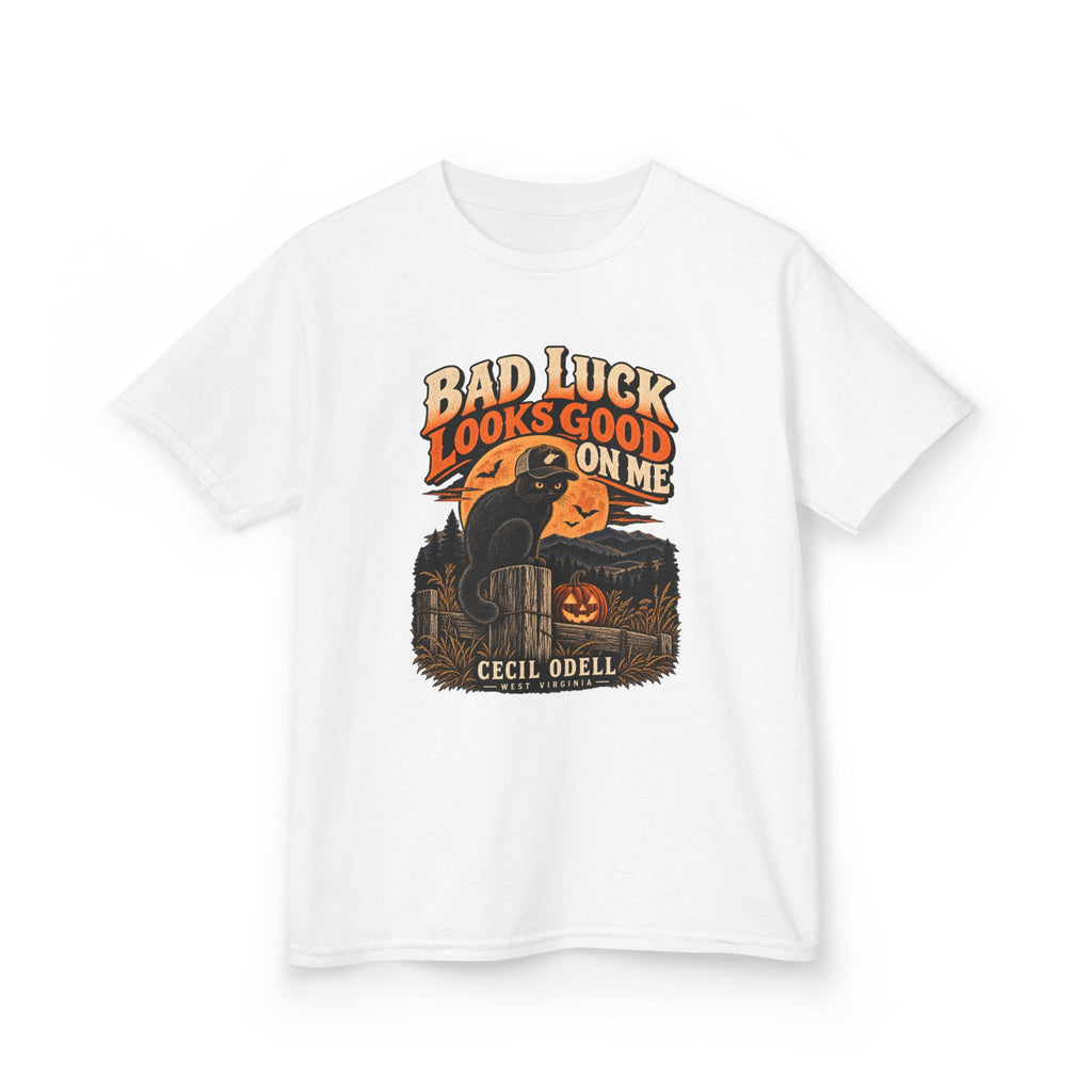 Bad Luck Looks Good on Me Kids Halloween Tee | Cecil Odell