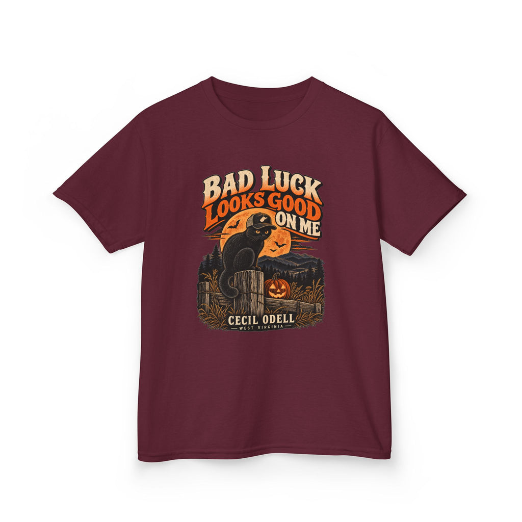 Bad Luck Looks Good on Me Kids Halloween Tee | Cecil Odell