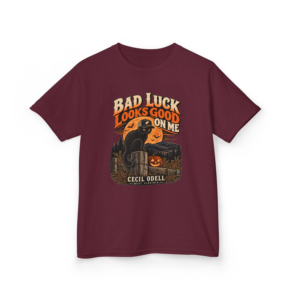 Bad Luck Looks Good on Me Kids Halloween Tee | Cecil Odell