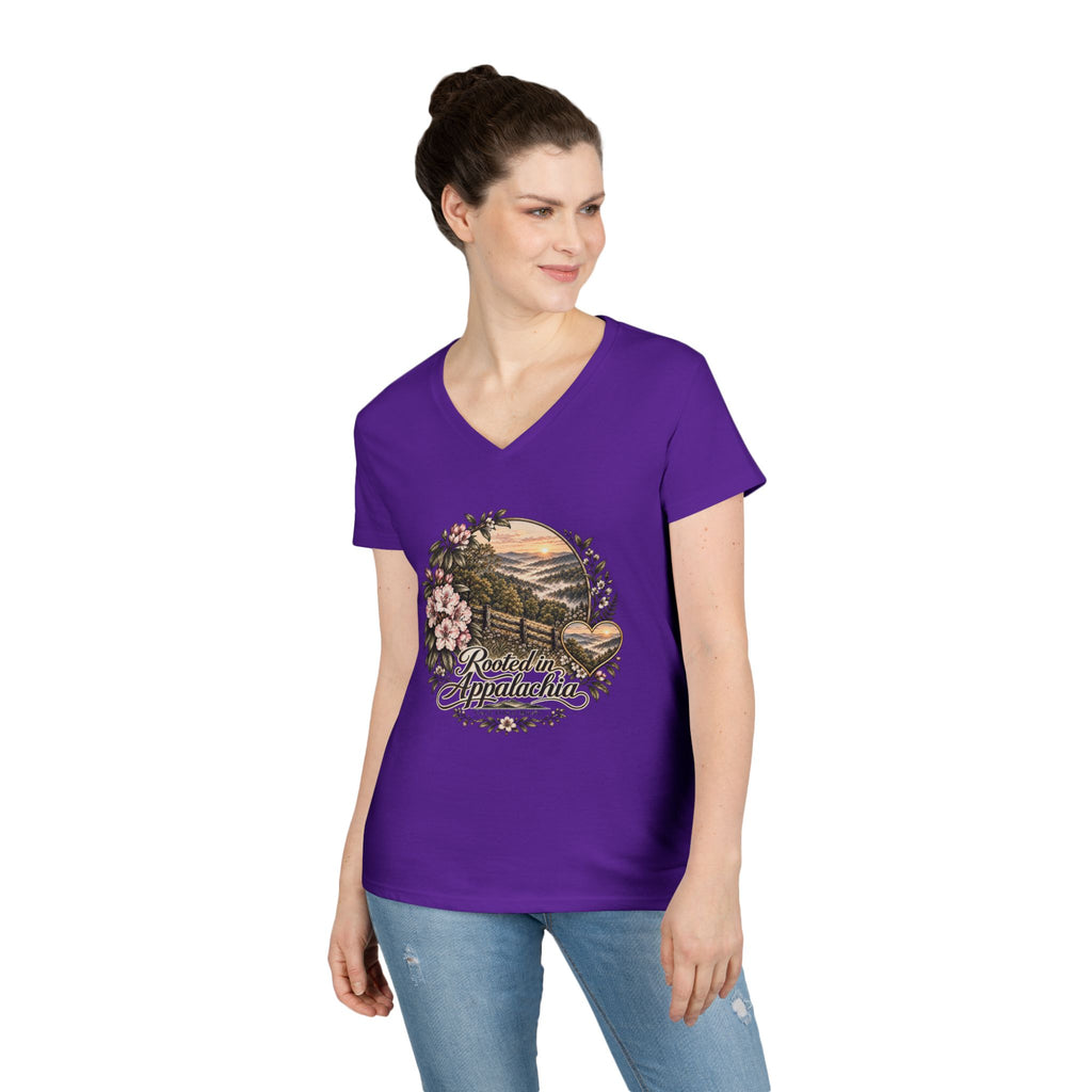 Rooted in Appalachia Ladies' V-Neck T-Shirt – Rustic Mountain Floral Tee