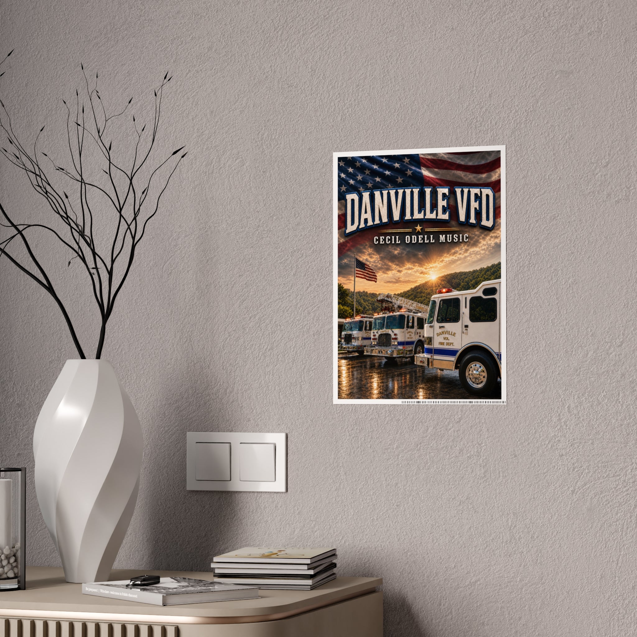 Danville VFD Fire Truck Gloss Poster: American Flag Memorial Wall Art