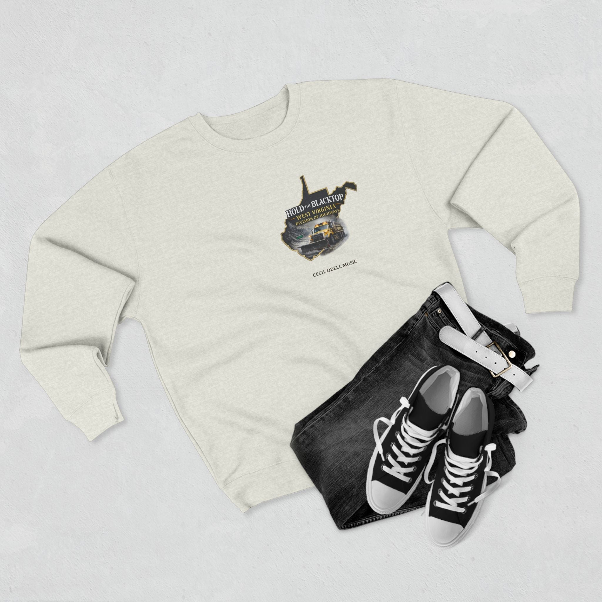 West Virginia Blacktop Crewneck Sweatshirt: 'Hold the Blacktop' State Graphic