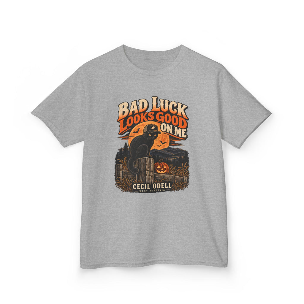 Bad Luck Looks Good on Me Kids Halloween Tee | Cecil Odell