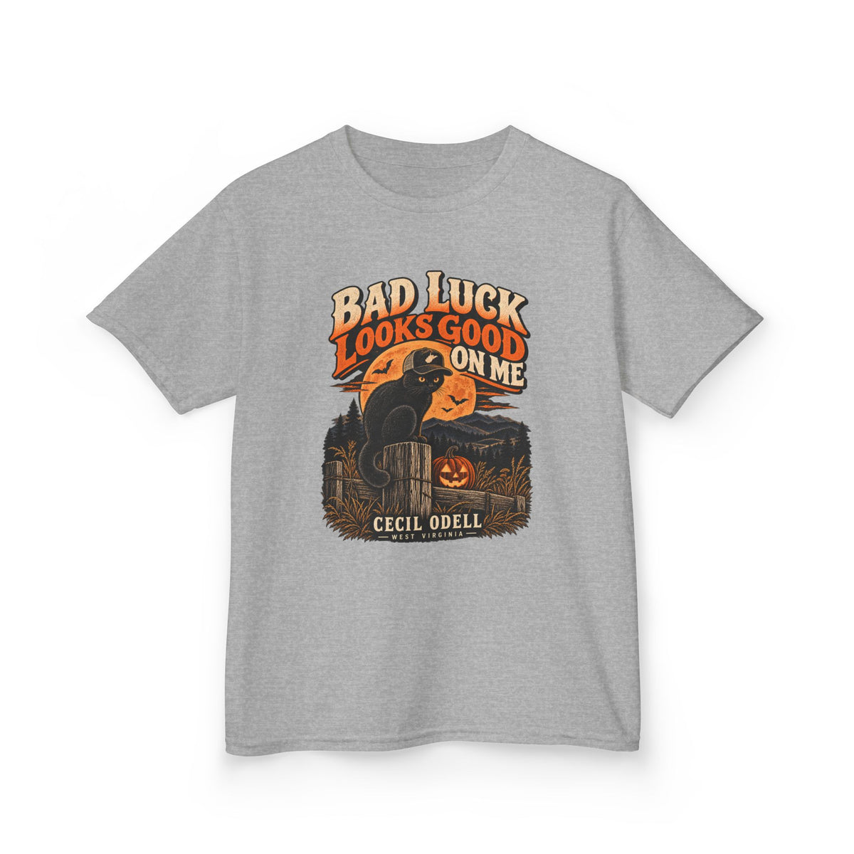 Bad Luck Looks Good on Me Kids Halloween Tee | Cecil Odell
