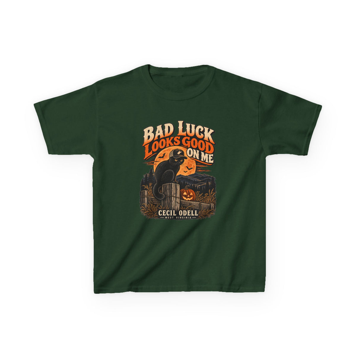Bad Luck Looks Good on Me Kids Halloween Tee | Cecil Odell