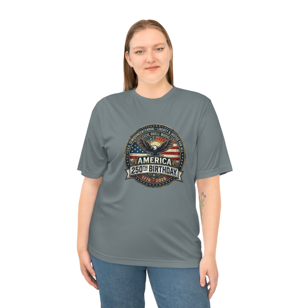 America 250th Birthday Performance T-Shirt: Patriotic Eagle & Badge Tribute