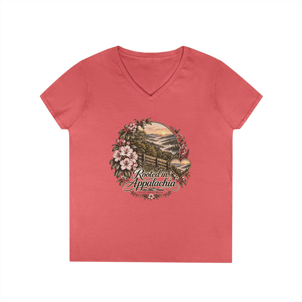 Rooted in Appalachia Ladies' V-Neck T-Shirt – Rustic Mountain Floral Tee