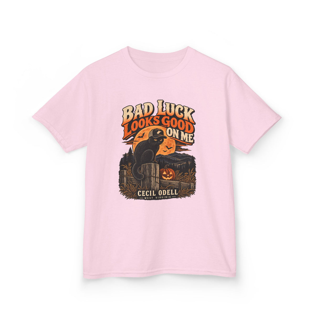 Bad Luck Looks Good on Me Kids Halloween Tee | Cecil Odell