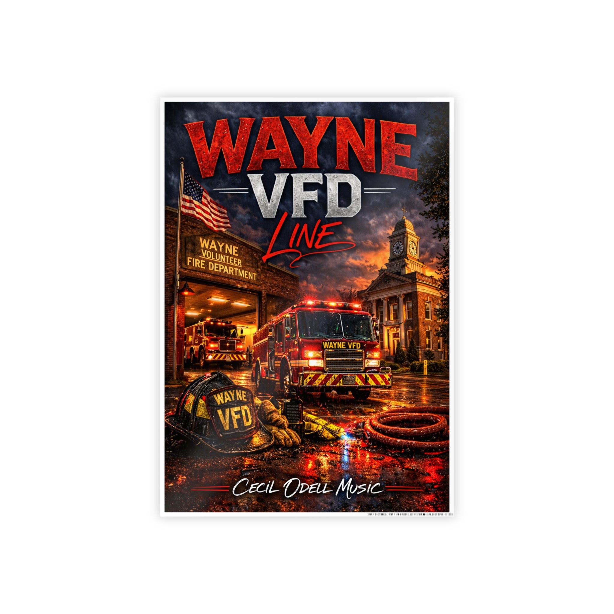 Wayne VFD Line Gloss Poster: Firefighter Station Art Print