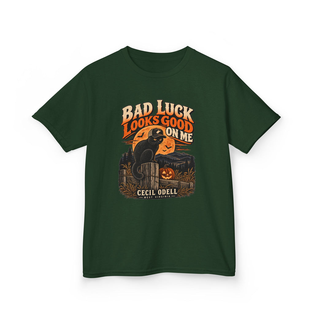 Bad Luck Looks Good on Me Kids Halloween Tee | Cecil Odell