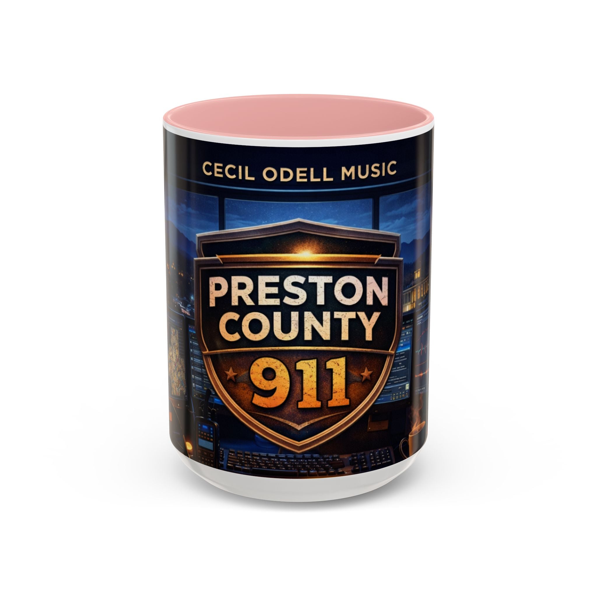 Preston County 911 Coffee Mug: Emergency Dispatch Badge Accent Mug