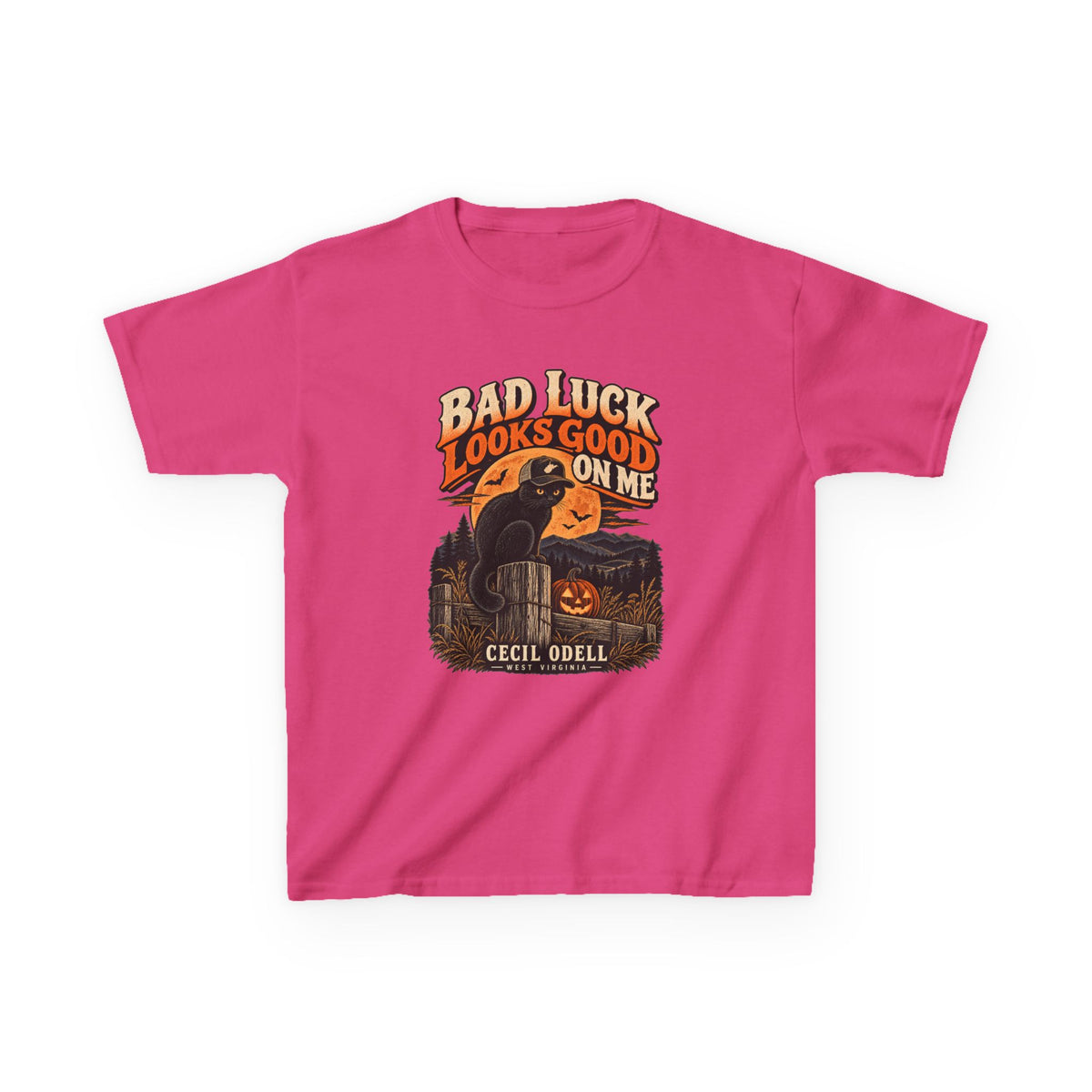 Bad Luck Looks Good on Me Kids Halloween Tee | Cecil Odell