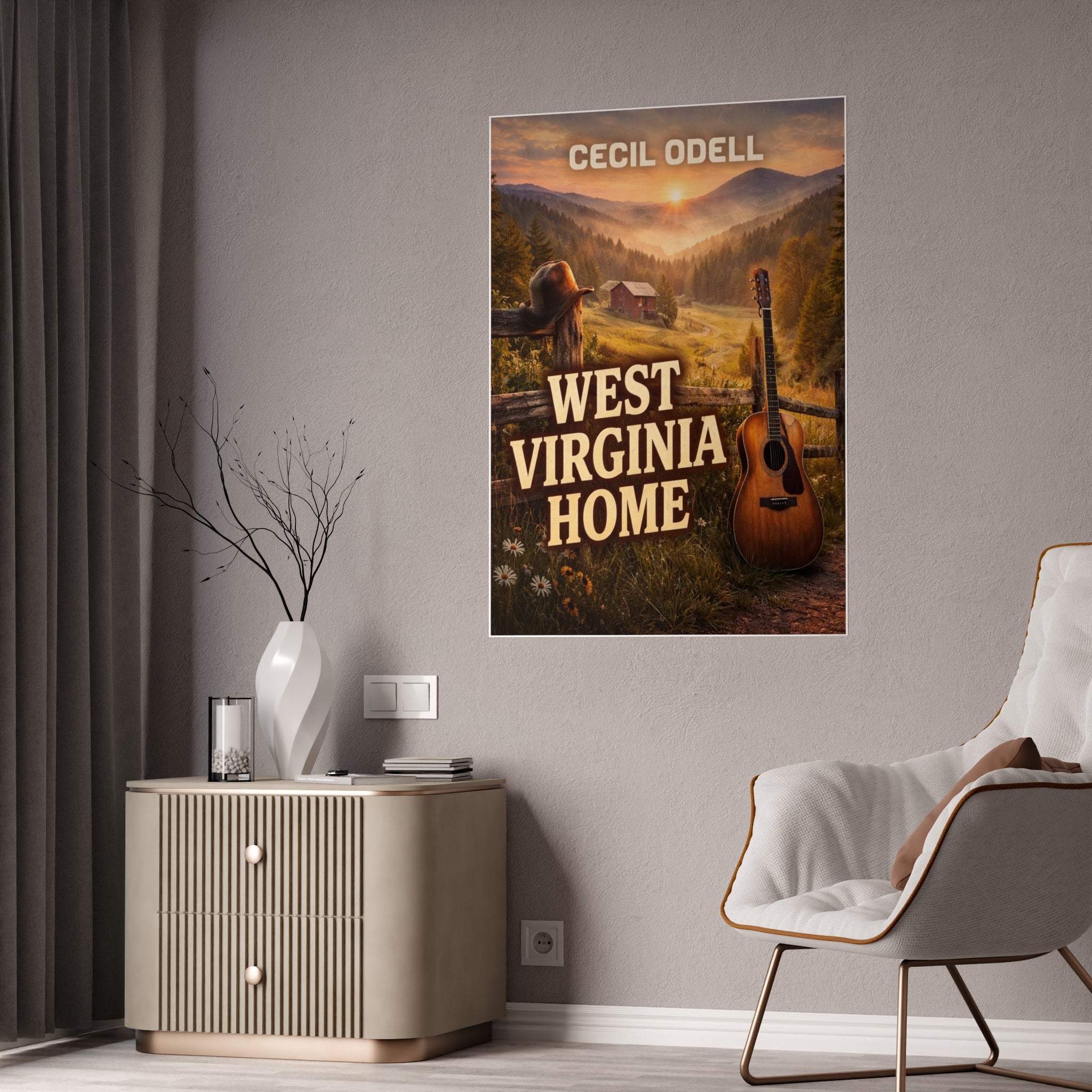 West Virginia Home Poster: Rustic Mountain Guitar Wall Art