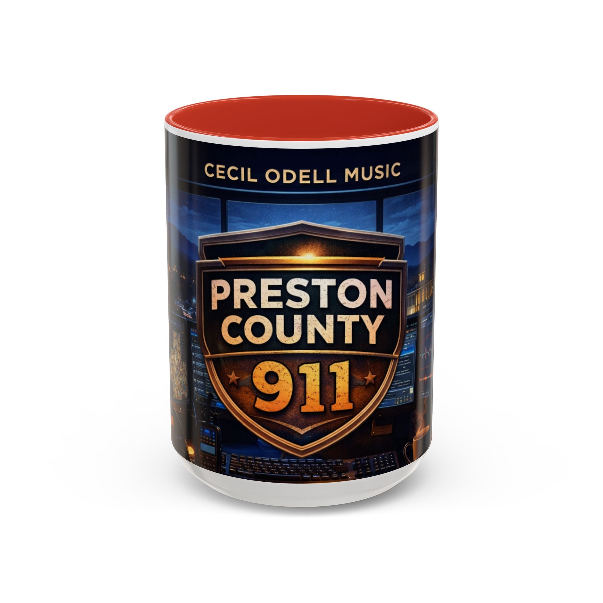 Preston County 911 Coffee Mug: Emergency Dispatch Badge Accent Mug