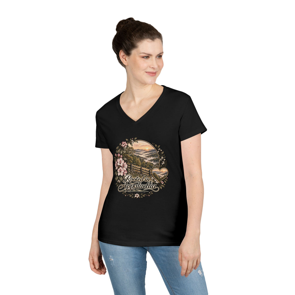 Rooted in Appalachia Ladies' V-Neck T-Shirt – Rustic Mountain Floral Tee