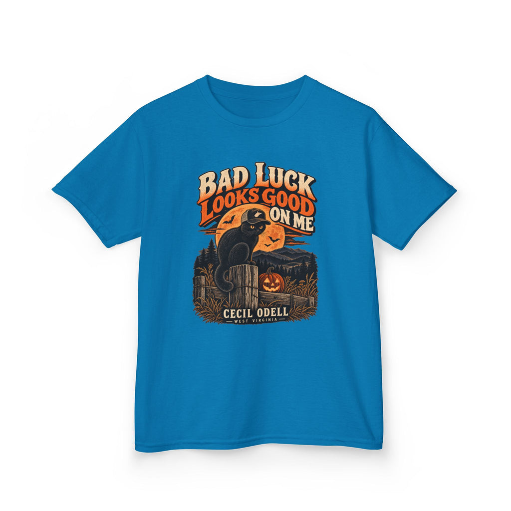 Bad Luck Looks Good on Me Kids Halloween Tee | Cecil Odell