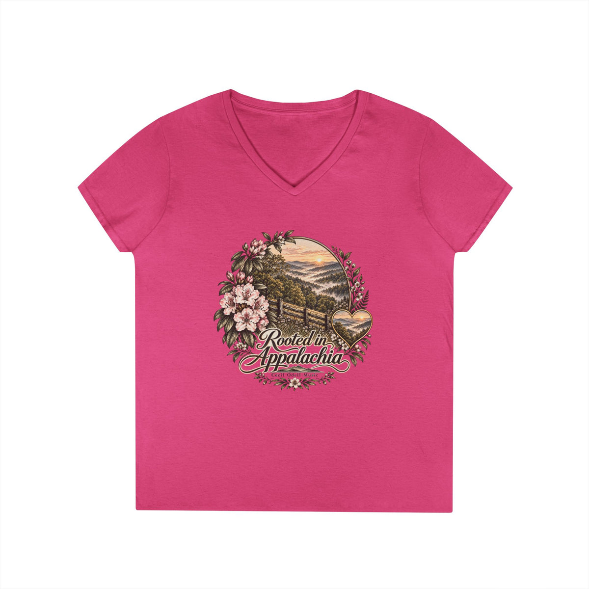 Rooted in Appalachia Ladies' V-Neck T-Shirt – Rustic Mountain Floral Tee