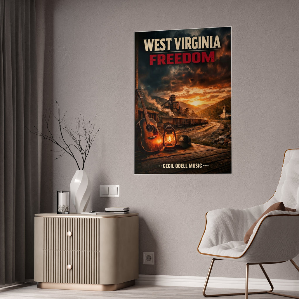 West Virginia Freedom Poster: Rustic Music & Mountain Landscape Print