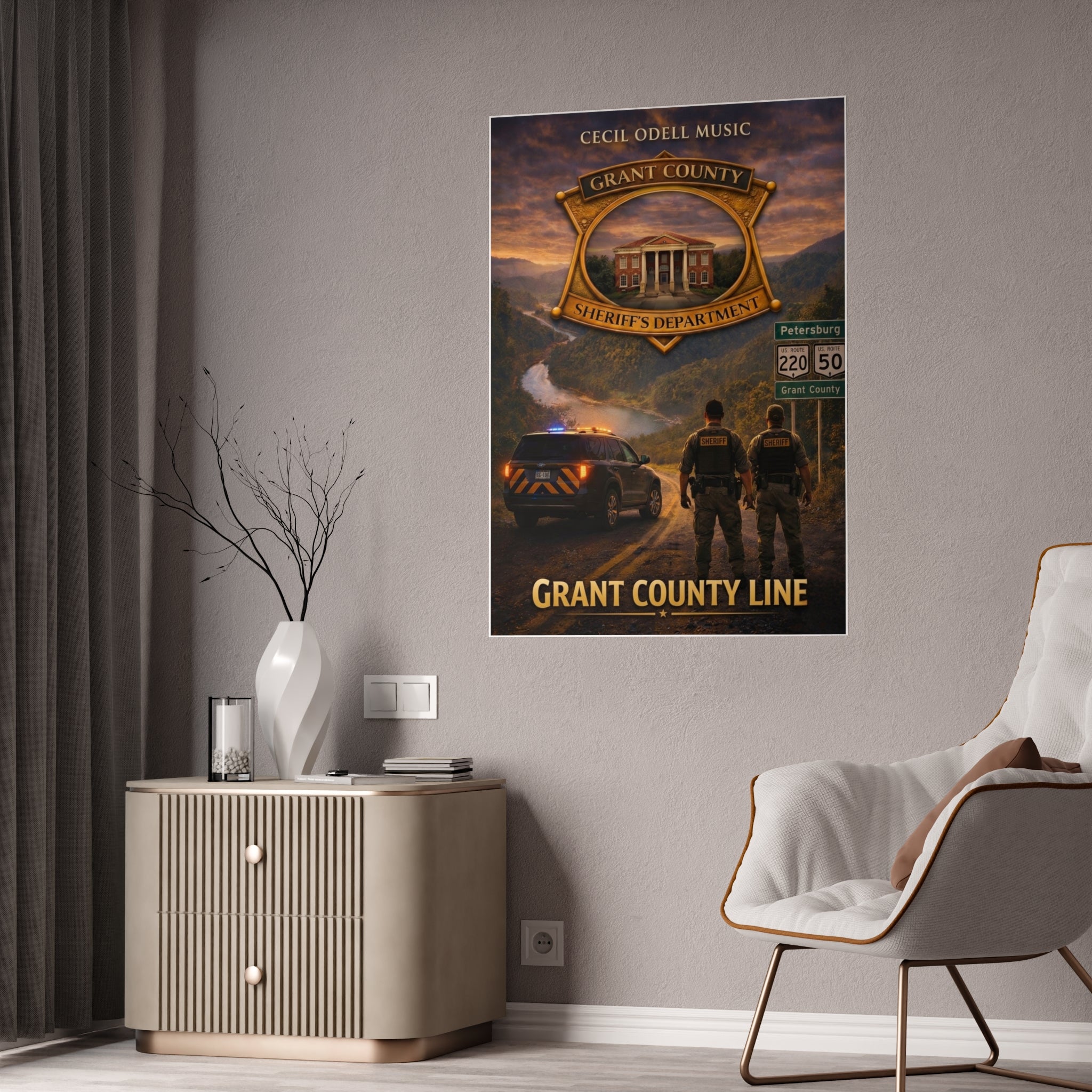 Grant County Line Gloss Poster: Sheriff Badge Scenic Wall Art