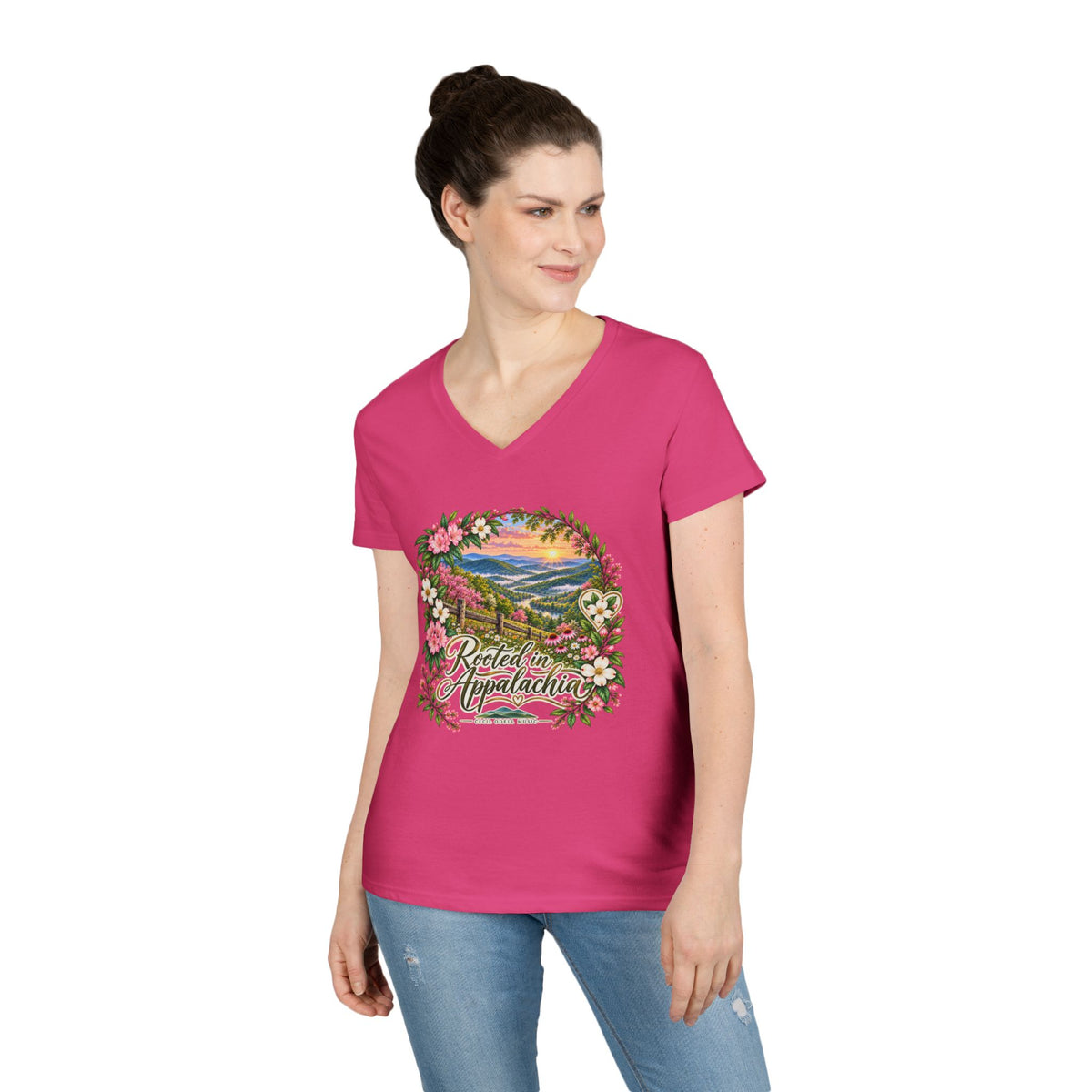 Rooted in Appalachia V-Neck T-Shirt — Scenic Mountain Floral Graphic