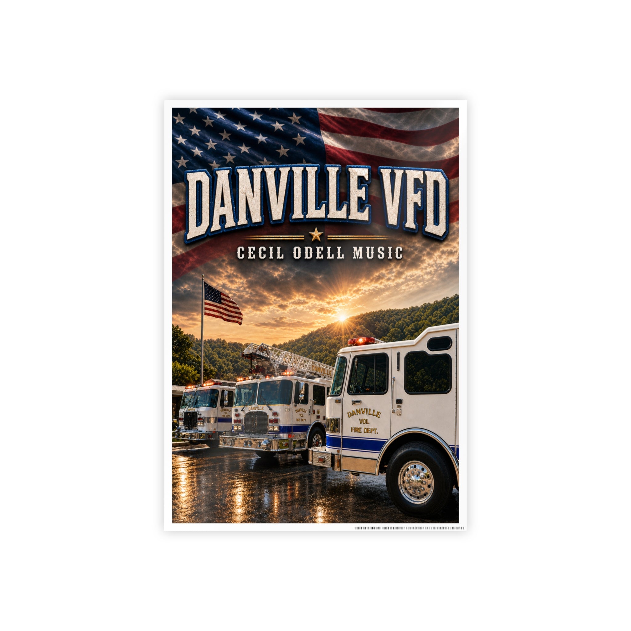 Danville VFD Fire Truck Gloss Poster: American Flag Memorial Wall Art