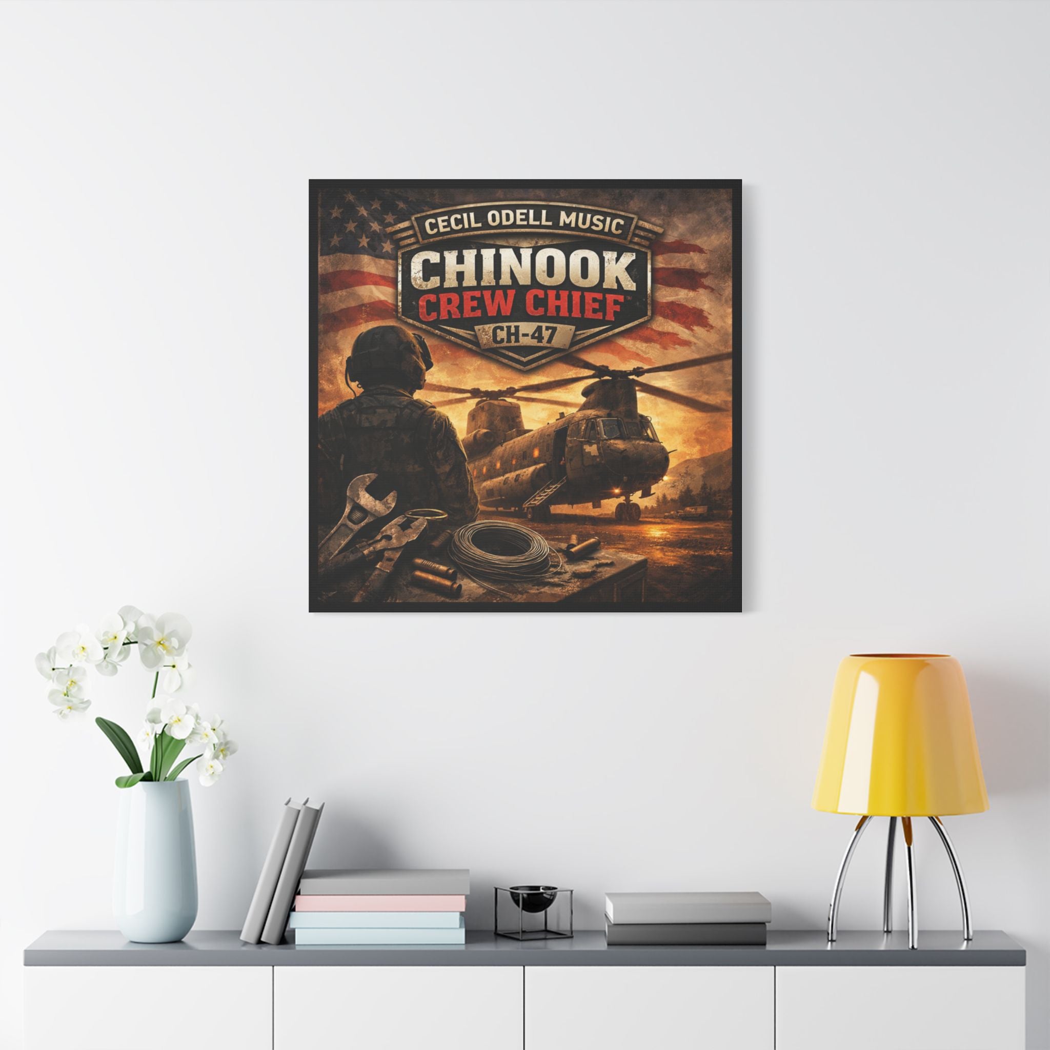 Chinook Crew Chief CH-47 Satin Stretched Canvas Wall Art