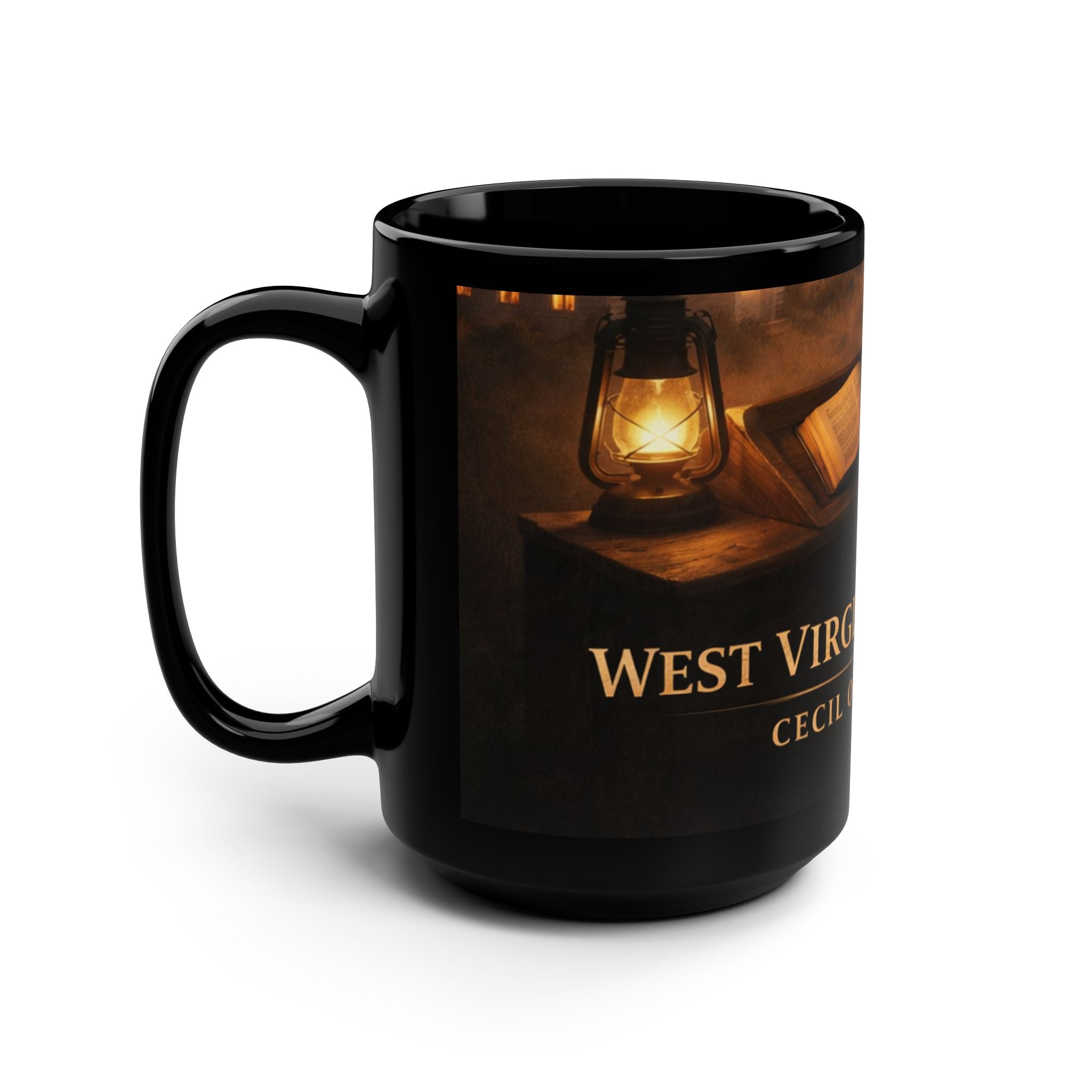 Black 15oz Ceramic Mug — West Virginia Preacher Design with Open Bible & Gold Text
